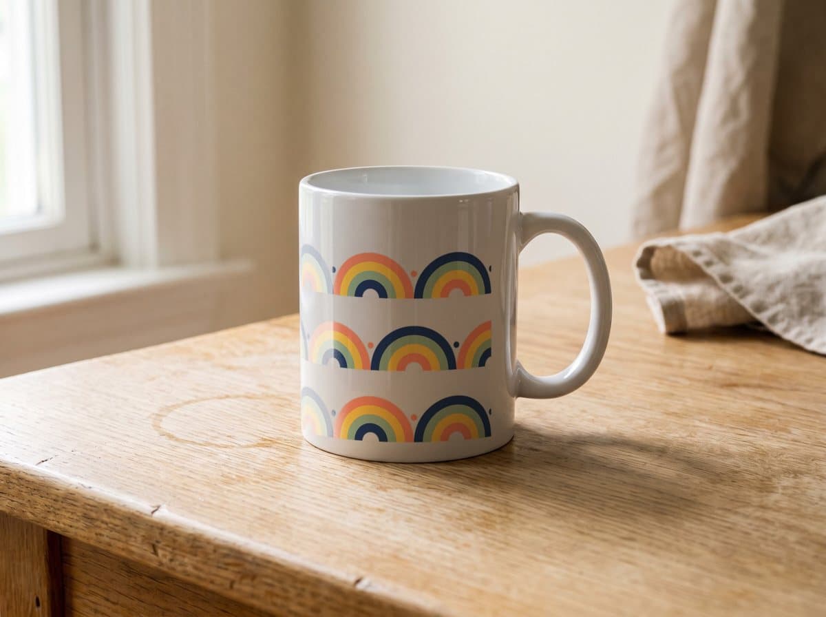 Sample mug mockup with a design wrapped around the cup, in an AI-generated scene