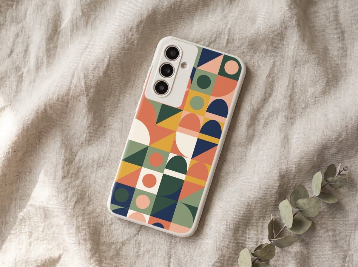 Sample phone case mockup with a geometric design, in an AI-generated scene