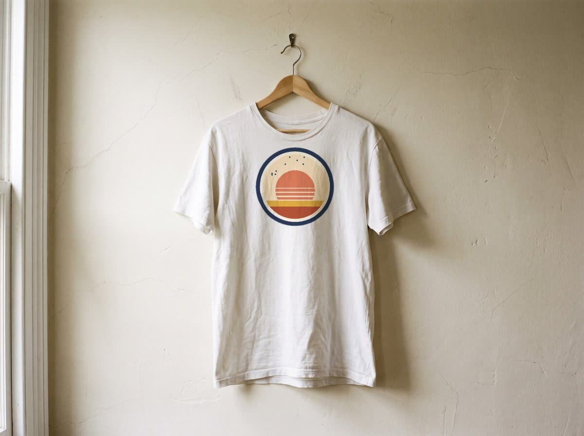 Sample t-shirt mockup with a printed design, in an AI-generated scene
