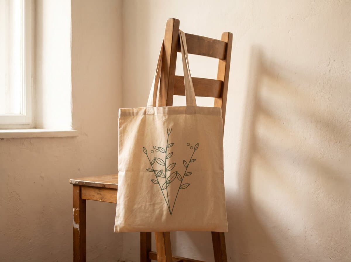 Sample tote bag mockup with a printed design, in an AI-generated scene